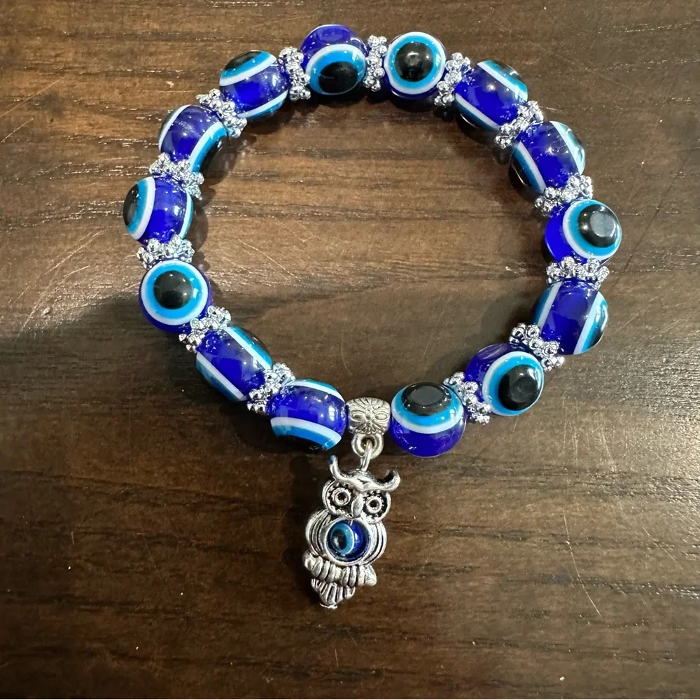 Evil Eye Beaded Stretch Bracelet with Silver-Tone Owl Charm